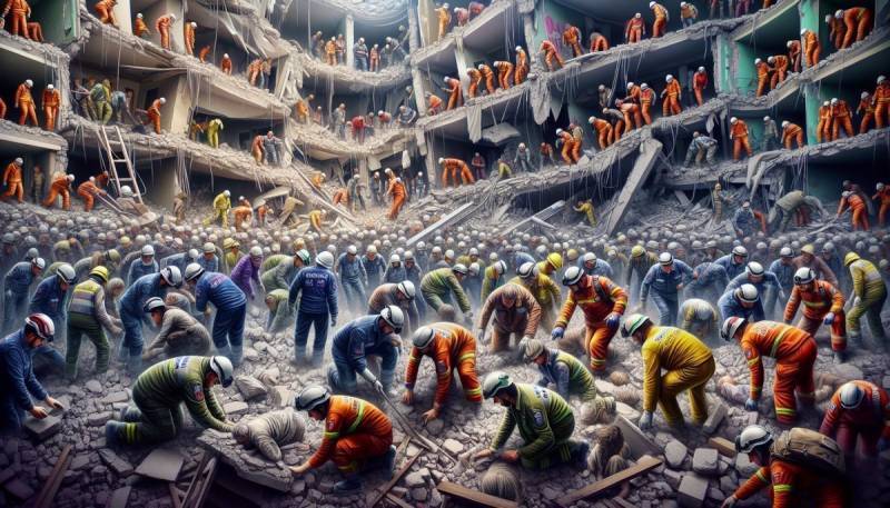 Rescue workers searching through debris in Turkey after earthquake