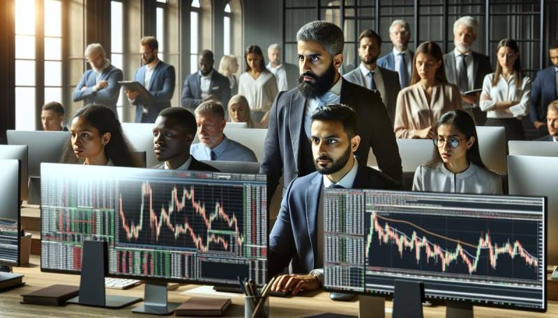 Stock market trader looking worried at computer screens displaying falling stock prices