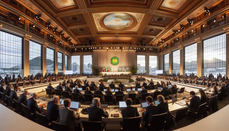 A bustling conference hall at the Global Climate Summit 2026 in Rio de Janeiro